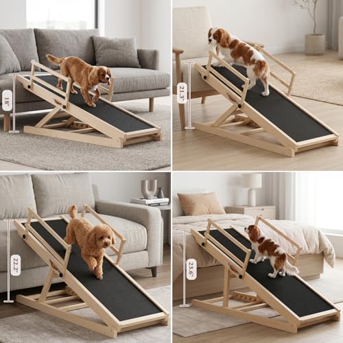 Dog Ramp for Bed Couch, 47" Long Pet Steps for Small Medium Dogs | 6 Heights 20.3"-27", Holds 200 lbs, Foldable, 2 Safety Side Rails, For Older/Injured Pets, Solid Wood, Anti-slip Yoga Mat - size: 47"L x 16"W x 3.3"H