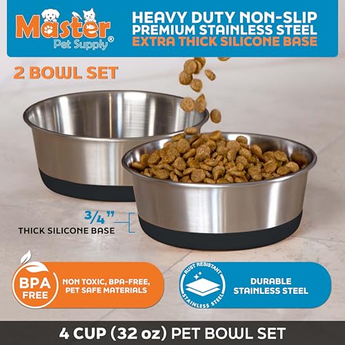 Master Pet Supply Stainless Steel Dog Bowls Set of 2 with Extra Thick Silicone Base - 4 Cup (32 oz) Black Velvet, Non-Slip, Dishwasher Safe Metal Bowls, Pet Dog Food Bowl for Dogs, Cats, Anti Rust - color: Black Velvet, size: 4 Cups (32 oz) 2 Pack