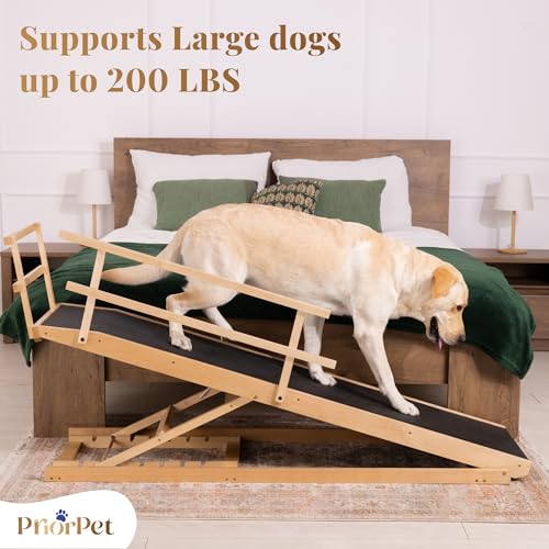 Dog Ramp for Bed with Safety Rails for High Beds up to 37" – Extra Wide 19.5" Adjustable Dog Bed Ramp for Large Dogs up to 200 lbs – Solid Birchwood, Non-Slip Rubber Surface, Foldable Design – Natural - color: Natural