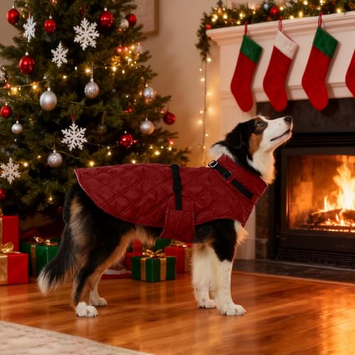 Kuoser Dog Coat Warm Fleece Lining Turtleneck Dog Jacket with Harness Built-in, Adjustable Windproof Cold Weather Coats with Quick Release Buckle Pet Winter Snowsuit for Extra Small Dogs, Red XS - color: Red, size: X-small (Chest Girth: 13.7")