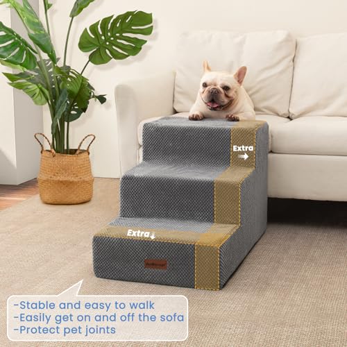 Aodisman 소형견 및 고양이를 위한 강아지 계단, 소파 및 의자용 3단계 엑스트라 와이드 미끄럼 방지 반려동물 계단, 그레이, 높이 39.9cm(15.7인치) - color: 회색., size: 15.7"H