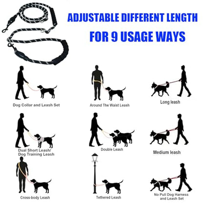 Hands Free Dog Leash Crossbody & Waist for Dog Walking, 9-in-1 No Pull Heavy Duty Leash with 2 Padded Handles, Reflective & Tangle-Free for Large & Medium Dogs (1/2" x 8.5 ft, Black) - size: 8.5 Ft(no slip lead & bungee)