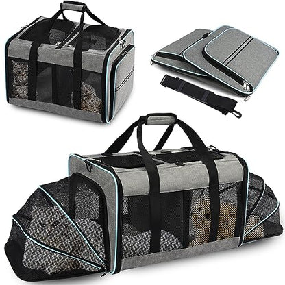 Portable 2-in-1 Pet Carrier,Double Compartment Cat & Dog Carrier for 2 Cats,Expandable Medium Dogs Large Cat Carrier with Sturdy Base,Breathable,Good for Traveling Walking Camping（Blue） - color: Blue