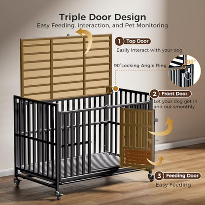 Heavy Duty Dog Crate, Escape-Proof Indestructible Cage for High-Anxiety Dogs, 3-Door Kennel with 4 Lockable Wheels and 2 Removable Trays Ideal for Large & Medium Breeds (49in) - size: 49.0"L x 29.2"W x 37.0"H