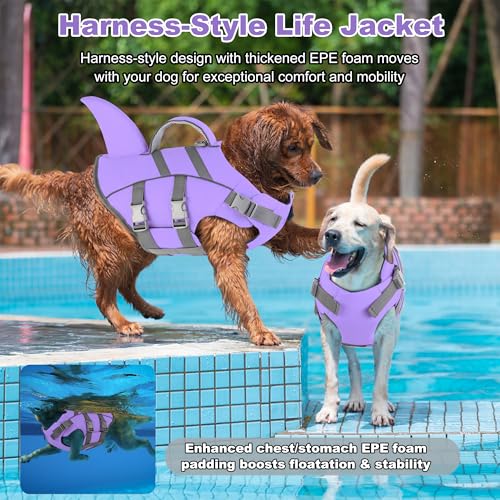 Dogcheer Dog Life Jacket with Shark Fin, High Buoyancy Swim Vest with Top Rescue Handle, Adjustable Reflective Flotation Vest for Swimming, Kayaking, Boating - Taro Purple,S - color: Taro Purple, size: Small