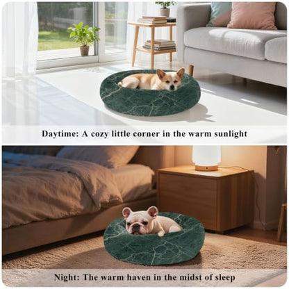 Calming Dog Bed for Small Dogs & Cats Plush Washable Donut Bed | Green Marble 16" Anti Anxiety Round Pet Bed with Raised Rim, Warm & Anti-Slip Cushion for Indoor Pets - size: 16 inch