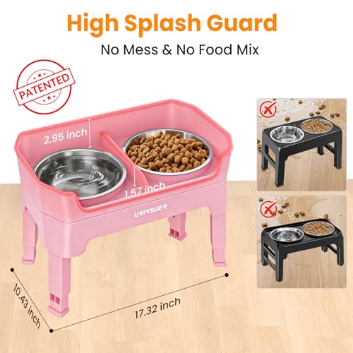 URPOWER 3-in-1 Elevated Dog Bowls - Mess Proof Double Deck 4 Height Adjustable Raised Stand with 2 Stainless Steel Food Bowls & Licking Plate for Small, Medium & Large Dogs - color: Pink, size: Large