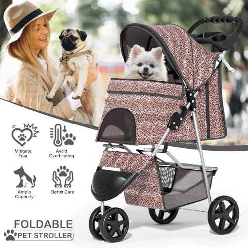 MoNiBloom 3 Wheels Pet Dog Cat Stroller for Small Medium Dogs Cats, Lightweight Foldable Jogger Stroller w/Storage Basket & Cup Holder, Leopard Print - color: Leopard Print