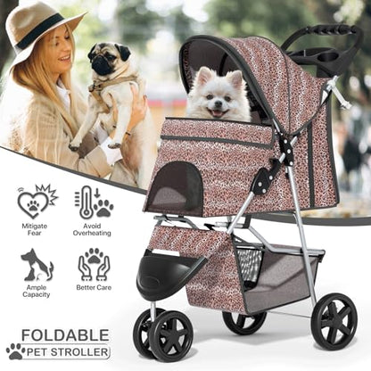 MoNiBloom 3 Wheels Pet Dog Cat Stroller for Small Medium Dogs Cats, Lightweight Foldable Jogger Stroller w/Storage Basket & Cup Holder, Leopard Print - color: Leopard Print