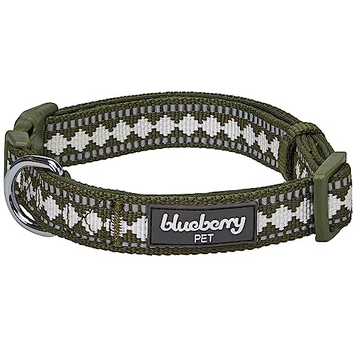Blueberry Pet 3 Colors 3M Reflective Jacquard Neoprene Padded Adjustable Dog Collar, Olive - color: Polyester Buckle- Olive, size: Small
