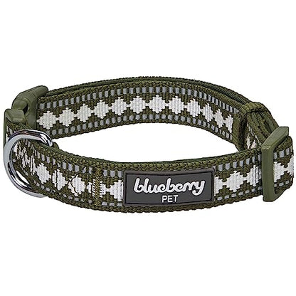 Blueberry Pet 3 Colors 3M Reflective Jacquard Neoprene Padded Adjustable Dog Collar, Olive - color: Polyester Buckle- Olive, size: Medium