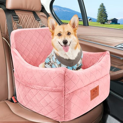 Dog Car Seat for Small/Medium Dogs, Dog Booster Car Seats with Thick Cushion for Dogs Under 35lbs, Detachable Washable Pet Bed with Storage Pockets, 2 Safety Belts (Pink) - color: Pink