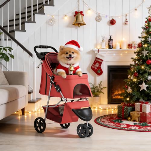 MoNiBloom 3 Wheels Pet Stroller, Foldable Puppy Cage Jogger Stroller with Weather Cover for All-Season, Storage Basket and Cup Holder, Breathable and Visible Mesh for Small/Medium Pets, Red - color: Red