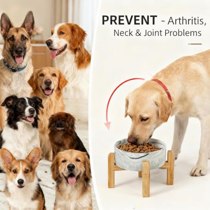 Elevated/Raised Ceramic Dog Bowl with Bamboo Stand,Marble Pattern 7 Inch 7.6 Cups Non Slip Heavy Weighted Single Pet Dish,Reduces Neck Strain Marble Gray - color: Marble Gray, size: 7.6Cups - Large