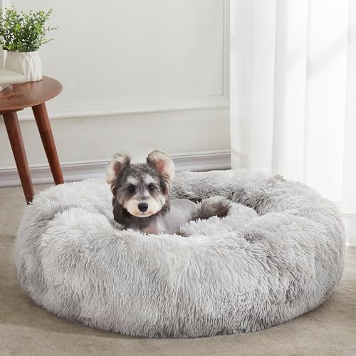 WESTERN HOME WH Calming Dog & Cat Bed, Anti-Anxiety Donut Cuddler Warming Cozy Soft Round Bed, Fluffy Faux Fur Plush Cushion Bed for Small Medium Dogs and Cats (20"/24"/27"/30"), White Grey - color: White Grey, size: 24.0"l x 24.0"w x 7.0"th