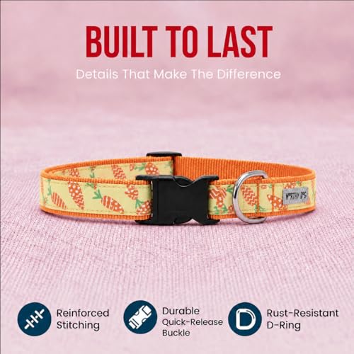 THE WORTHY DOG Spring Holiday Crazy Carrots Dog Collar – Durable Nylon, Woven Ribbon, Quick-Release Buckle, Nickel D-Ring – Green, Small - color: Crazy Carrots - Green, size: Small