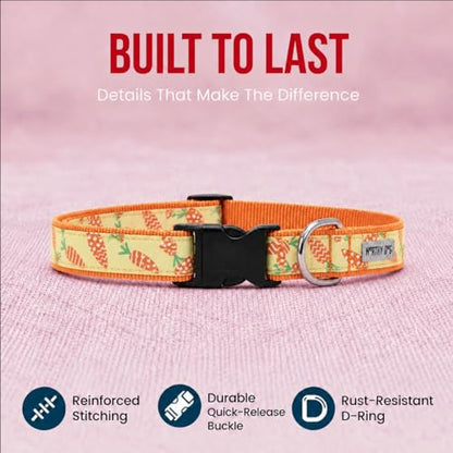 THE WORTHY DOG Spring Holiday Crazy Carrots Dog Collar – Durable Nylon, Woven Ribbon, Quick-Release Buckle, Nickel D-Ring – Green, Small - color: Crazy Carrots - Green, size: Small