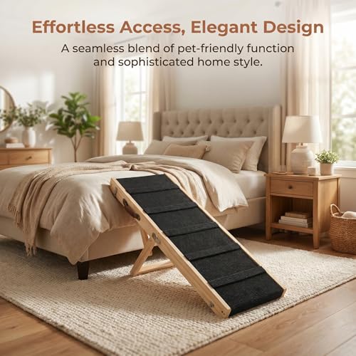 Wooden Dog Ramp for Bed – Folding Pet Ramp for Couch | Collapsible Wooden Pet Ramp, 4 Adjustable Heights, Non-Slip High Traction Fabric Surface, Portable Solid Pine Wood Steps - size: Trumpet