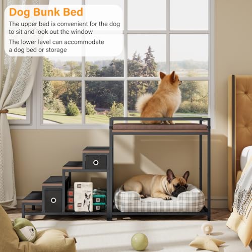 kepptory Dog/Cat Window Perch with Stairs and Seat Cushion, Pet Bunk Bed with Storage Drawers, Bedside Dogs Cot for Small, Medium Cats & Dogs, Pet Stairs Ramp(Brown) - color: Brown