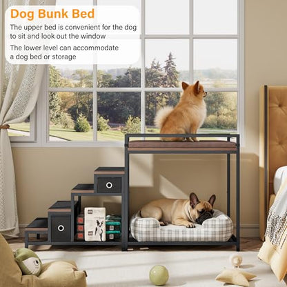 kepptory Dog/Cat Window Perch with Stairs and Seat Cushion, Pet Bunk Bed with Storage Drawers, Bedside Dogs Cot for Small, Medium Cats & Dogs, Pet Stairs Ramp(Brown) - color: Brown