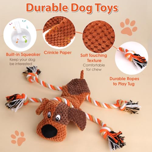 Drmstow Interactive Dog Toys for Large Dogs - Durable Rope Tug of War Toy with Squeaker & Crinkle - Tough Plush Chew Toys for Teeth Cleaning, Boredom Relief & Active Play - color: Brown2