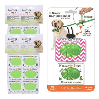 Neater Pet Brands Neater Bags Dog Waste Bag, No Rolls - Dog Poop Bags Dispense One at a Time, Doggie Poop Bag with Easy-Tie Handles, Dispenser Attaches to Any Leash (210 Count, Pink Chevron) - size: 210 Bags + Pink Dispenser