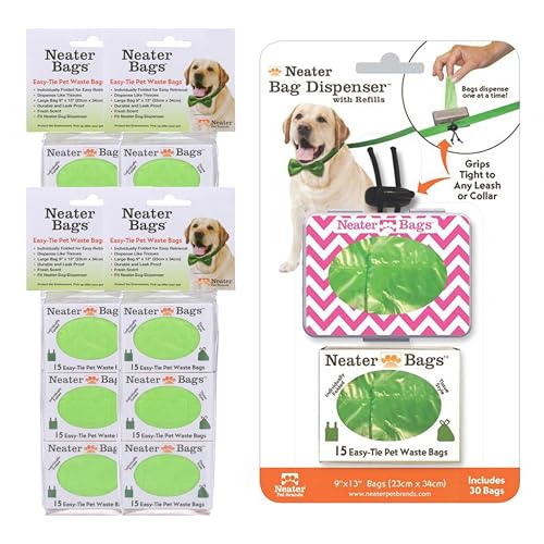 Neater Pet Brands Neater Bags Dog Waste Bag, No Rolls - Dog Poop Bags Dispense One at a Time, Doggie Poop Bag with Easy-Tie Handles, Dispenser Attaches to Any Leash (210 Count, Pink Chevron) - size: 210 Bags + Pink Dispenser