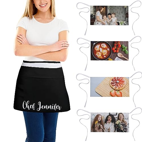 sophiehome Custom Waist Apron with Pockets Add Photo Logo Name Personalized Waiter Server Short Aprons for Kitchen - color: Natural