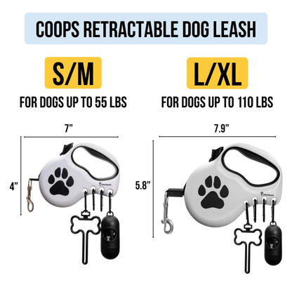 Award-Winning Retractable Dog Leash for Large and Extra Large Dogs (Max 110 lbs) Clip & Go System, Reflective Tape and Ergonomic Handle Includes Clips Poop Bag Holder and Dispenser, White - color: White, size: L/XL - Up to 110 Lbs