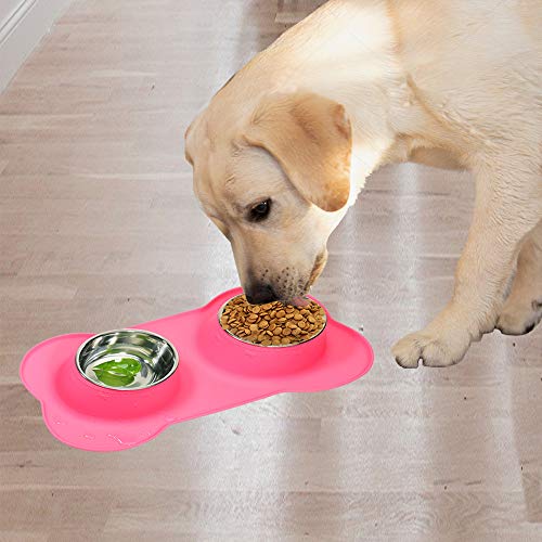 AsFrost Dog Food Bowls Stainless Steel Pet Food Bowls & Dog Water Bowls, Dog Bowls Silicone Mat No Spill Non-Skid Feeding Bowls for Small Size Dog Puppy Cat Food Dish, Pink, 3 Cup/24oz, Set of 2 Bowls - color: Pink, size: 3 Cup/27 oz each