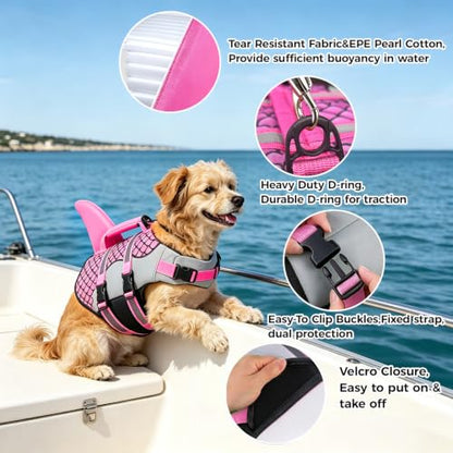 Dog Life Jacket,Shark Pattern High Buoyancy Adjustable Swim Vest with Rescue Handle,D-Ring&Reflective Strips for Boating Swimming Beach (Fish Scales/Rose red, X-Small)