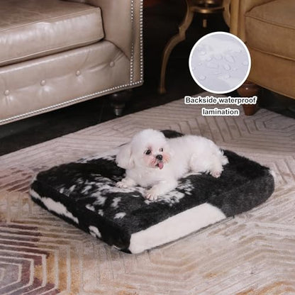 Bedfolks Plush Waterproof Dog Crate Bed, Removable Washable Cover, Faux Fur Pad for Small Dogs & Cats, 17"x12", Black-White Cowhide - color: Black-white cowhide, size: XX-Small(17x12'')