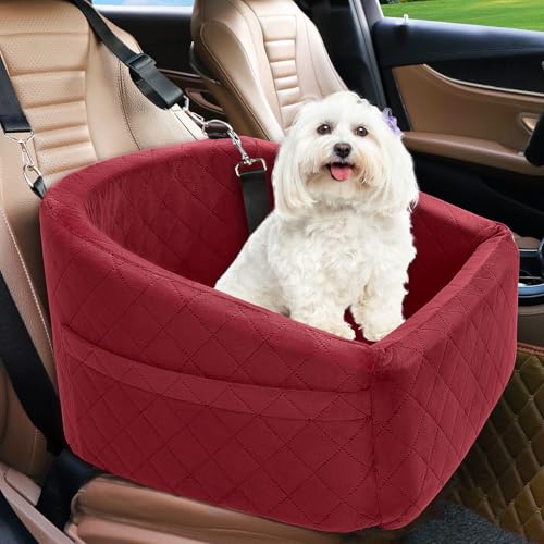 NEEZUKAR Dog Car Seat for Small Medium Dogs,Detachable Washable Dog Booster Seat Under 30lbs, Pet Car Seats Travel Bed with Storage Pockets and Safety Belt(Red) - color: Red