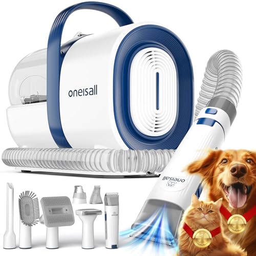 oneisall Dog Grooming Vacuum, Pet Grooming Vacuum with Clipper Nail Grinder, 1.5L Dust Cup Dog deshedding Brush with 7 Tools for Shedding Pet Hair, Home Cleaning(Blue) - color: Blue