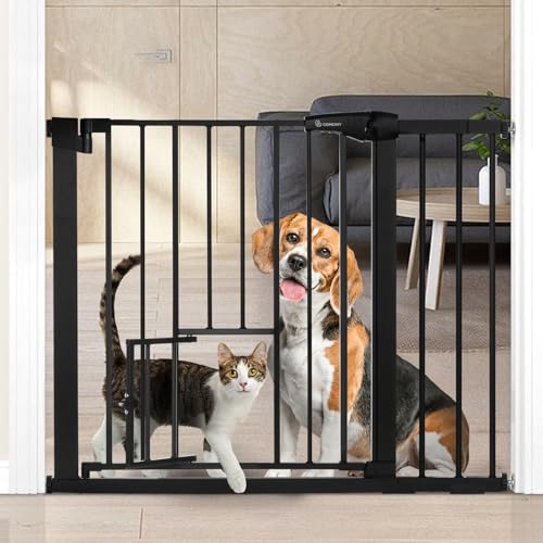 COMOMY Auto Close Pet Gate with Cat Door, 29.5"-40.5" Dog Gate for House Doorways Stairs, Pressure Mounted Easy Walk Thru Safety Gate, Includes 4 Wall Cups and 2 Extension Pieces, Black - color: Black