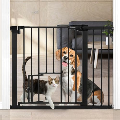 COMOMY Auto Close Pet Gate with Cat Door, 29.5"-40.5" Dog Gate for House Doorways Stairs, Pressure Mounted Easy Walk Thru Safety Gate, Includes 4 Wall Cups and 2 Extension Pieces, Black - color: Black