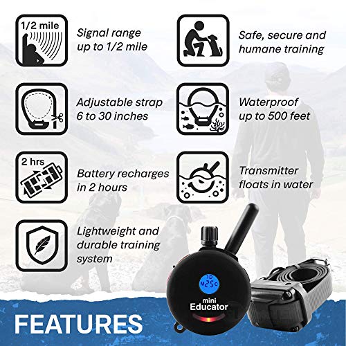 Educator ET-300 Black Mini E Collar for Dog Training with Remote - 1/2 Mile Range, Waterproof, 100 Blunt Stimulation Levels, Tone or Vibration Mode, Night Light Tracking for Small, Medium & Large Dogs - size: 1-Dog (ET-300 Black)