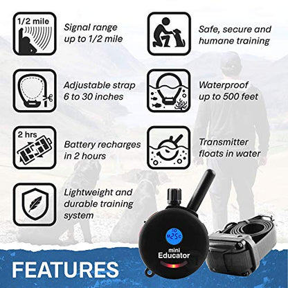 Educator ET-300 Black Mini E Collar for Dog Training with Remote - 1/2 Mile Range, Waterproof, 100 Blunt Stimulation Levels, Tone or Vibration Mode, Night Light Tracking for Small, Medium & Large Dogs - size: 1-Dog (ET-300 Black)