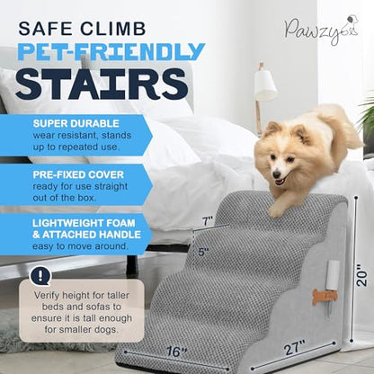 PAWZY Dog Stairs for Bed & Couch, 4-Step Foam Pet Steps 20” High for Small Dogs & Cats up to 60 lbs, Wide Non-Slip Stairs, Waterproof Washable Zipper Cover, No Assembly, Grey - size: 4 Step