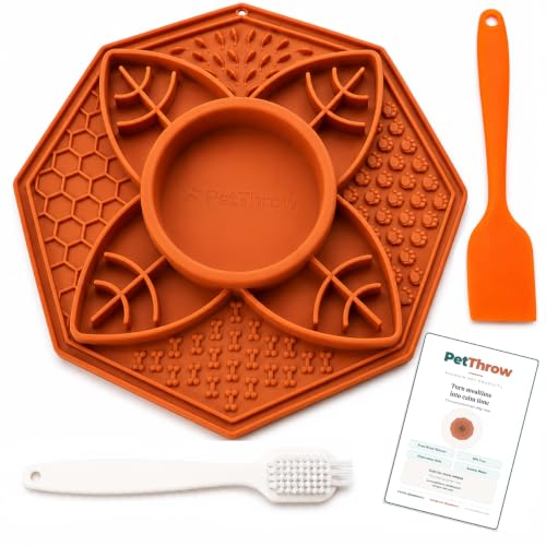 PetThrow Dog Slow Feeder Lick Mat Bundle – Octagon Silicone Feeder Bowl with Center Dish for Fresh & Wet Food, Suction Cups | Includes Spatula, Cleaning Brush & Recipe Card, Dishwasher Safe