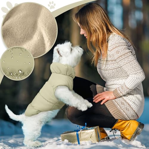 ABRRLO Winter Warm Dog Jacket for Small Medium Dogs Cat Cold Weather Coats with Harness Paded Dogs Fleece Vest Waterproof Windproof Dog Snow Jacket Pet Puppy Clothes (Khaki,XS) - color: Khaki, size: X-Small