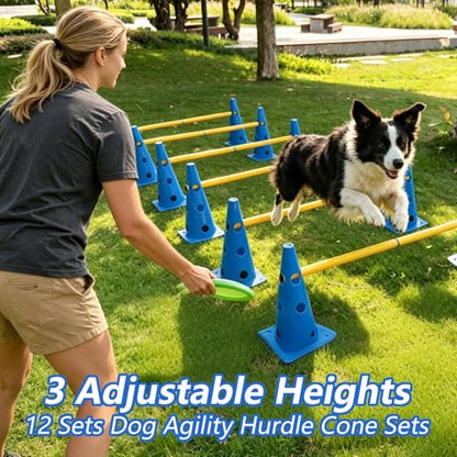 Dog Agility Cone Hurdle Set, 3 Adjustable Heights, 12 Pack | Adjustable Height Dog Agility Course for Backyard Training, 12 Cones with PVC Crossbar - size: 12-Pack Hurdle Cone