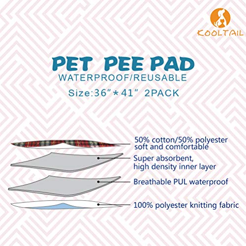 KOOLTAIL Washable Pee Pads for Dogs - Waterproof & Non-Slip Plaid Puppy Potty Training Pads, Reusable Whelping Pads, Dog Food Feeding Mat, 36"x41" - color: Red & Blue, size: 36" x 41" (2 Pack)