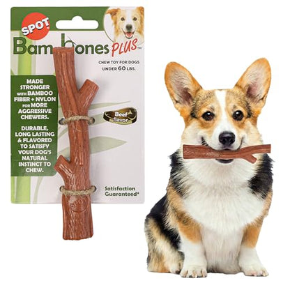 SPOT Bam-Bones Plus Branch -Bamboo Fiber & Nylon, Durable Long Lasting Dog Chew for Aggressive Chewers – Great Toy for Adult Dogs & Teething Puppies Under 60lbs, Non-Splintering, 5.75in, Beef Flavor - size: 5.75 inch (Pack of 1)