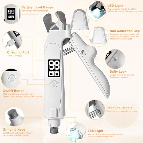 Dog Nail Clippers and Grinder with LED Light, 2-in-1 Professional Electric Pet Nail Trimmer, Quiet & Rechargeable Paws Grooming Tool for Small, Medium, Large Dogs & Cats