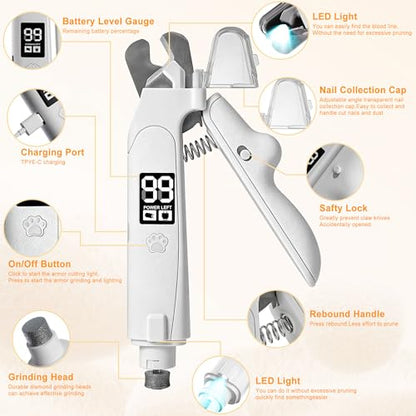 Dog Nail Clippers and Grinder with LED Light, 2-in-1 Professional Electric Pet Nail Trimmer, Quiet & Rechargeable Paws Grooming Tool for Small, Medium, Large Dogs & Cats