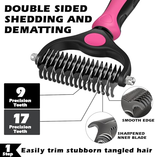 Professional 3PCS Self Cleaning Slicker Brush & Pet Grooming Rake & Flea Comb for Dogs,Cats and Horses | Double-Sided Dematting Comb & Skin Friendly Deshedding Grooming Tool | Pet Supplies (Red) - color: Red