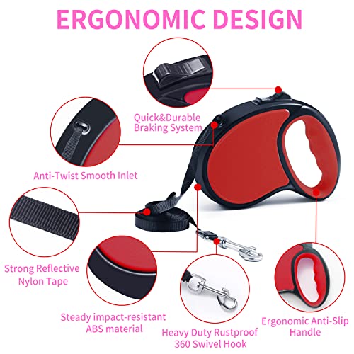 Retractable Dog Leash,[Strong Nylon Tape][One-Handed One Button Lock] for Small Medium Dogs and Cats,16ft Pet Walking Leash with 360°Tangle-Free Design,Anti-Slip Handle,Gift Package (Red) - color: Red