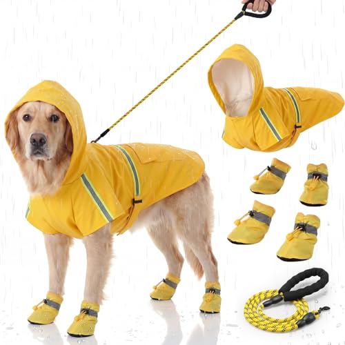 3 Pcs Dog Raincoat Shoes and Leash Set with Reflective Strip Yellow Adjustable Waterproof Rain Jacket Coat Poncho Hoodies for Small Medium Dogs Pets Walking