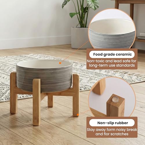 hjn Elevated Ceramic Dog Bowl with Bamboo Stand, Raised Pet Feeding Station for Small Medium Dogs Cats, Modern Design with Anti-Slip Base (White Gray, 3.6Cup) - color: White Gray, size: 3.6Cup